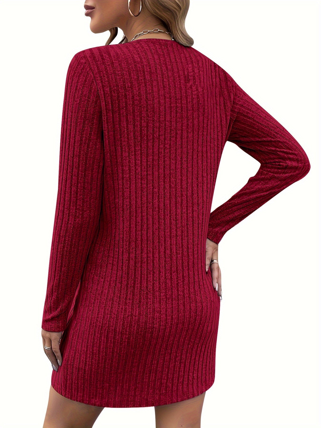 Women's Ribbed Zip-Neck Dress Long Sleeve Fitted Casual Midi