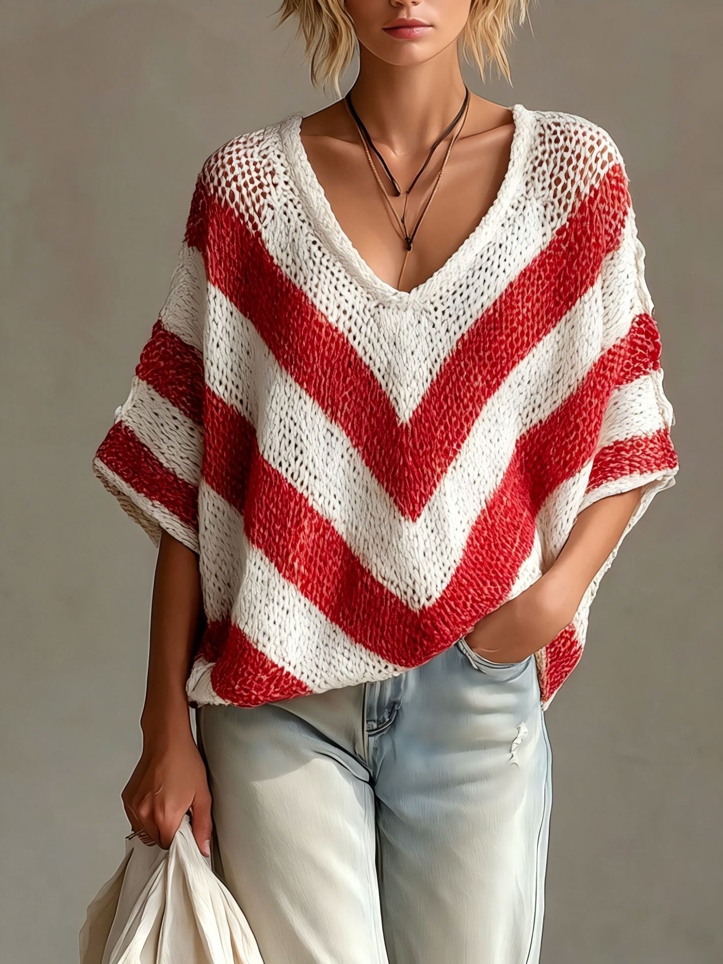 Women's Colour-Blocked V-Neck Pullover Loose-Knit Sweater Knitwear for Autumn Winter Layering Cosy Days and Everyday Wear