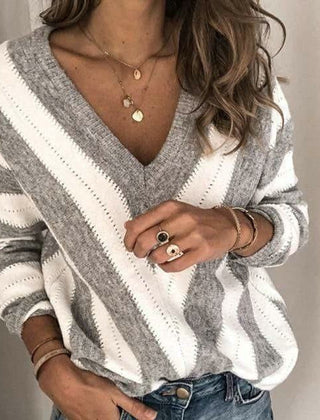 Women's Chic V-Neck Knit Sweater Striped Design Casual Everyday Fashion