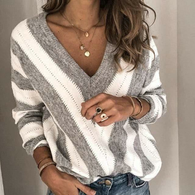 Women's Chic V-Neck Knit Sweater Striped Design Casual Everyday Fashion