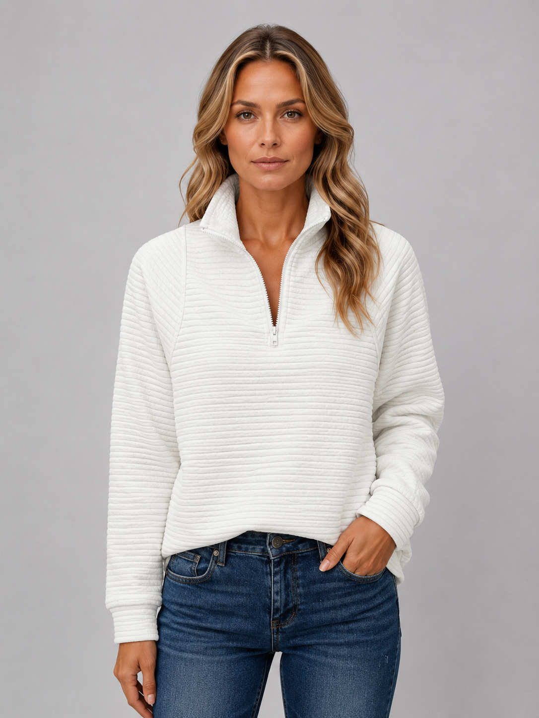Women's Casual Half Zip Pullover Ribbed Knit Long Sleeve Everyday Sweater