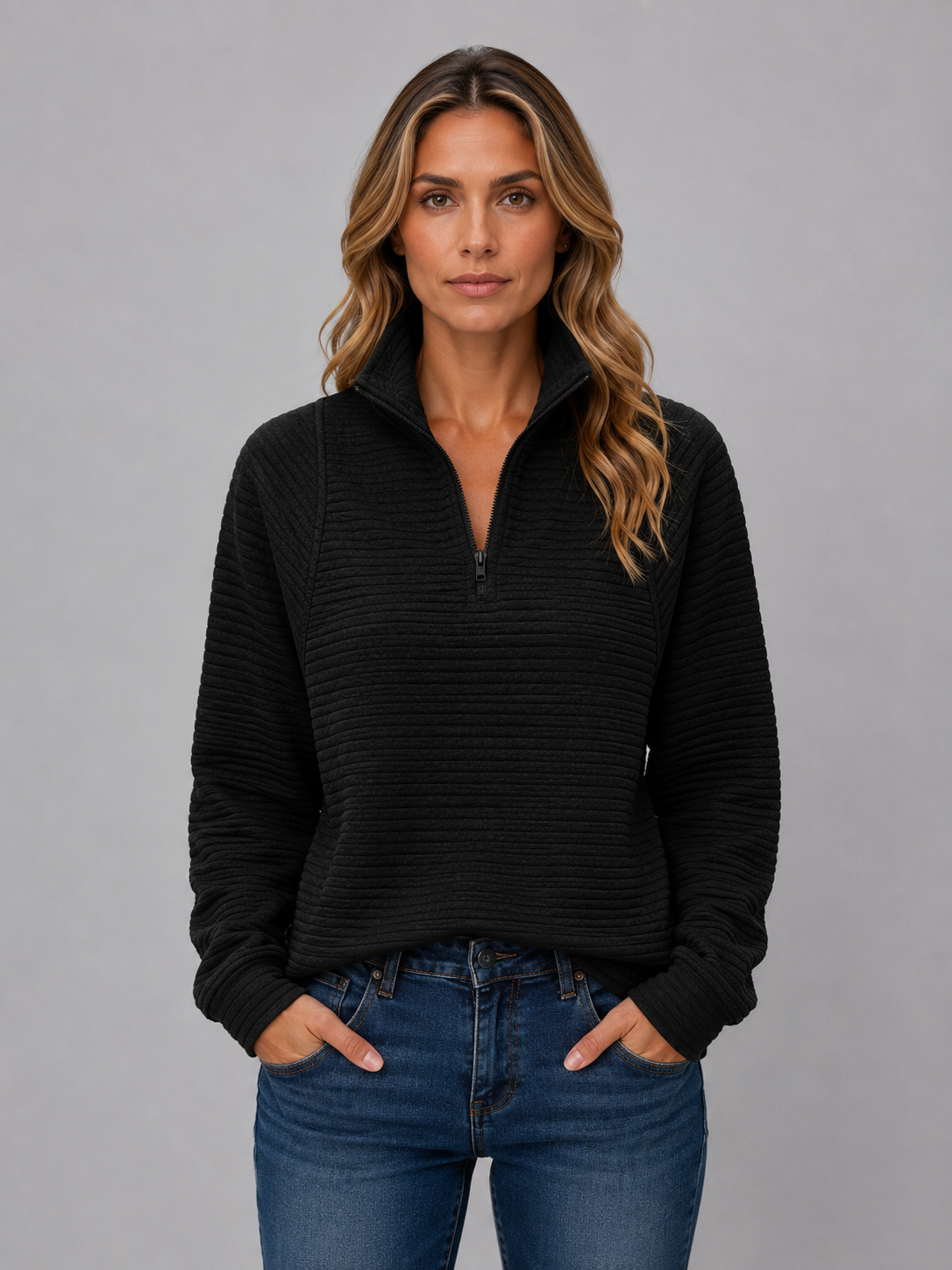 Women's Casual Half Zip Pullover Ribbed Knit Long Sleeve Everyday Sweater