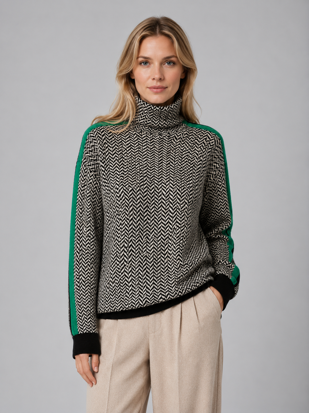 Women's Herringbone Turtleneck Sweater Soft Knit High Neck Casual Everyday
