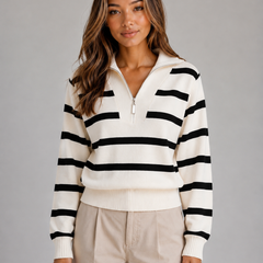 Women's Striped Half-Zip Sweater Relaxed Fit Knit Long Sleeve Casual Everyday