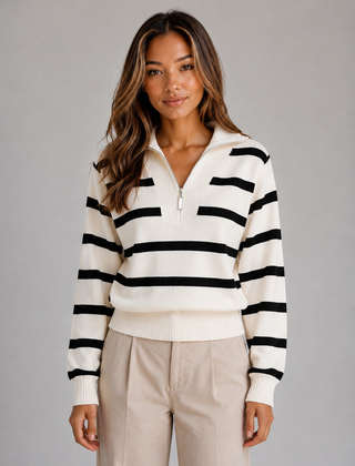 Women's Striped Half-Zip Sweater Relaxed Fit Knit Long Sleeve Casual Everyday