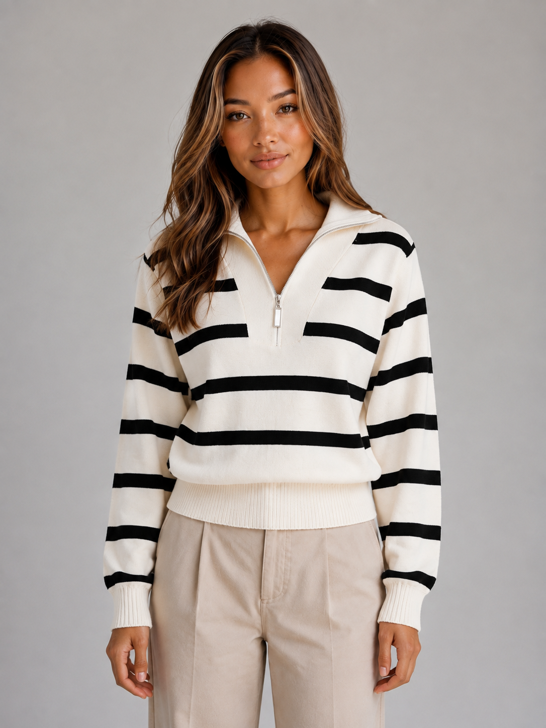 Women's Striped Half-Zip Sweater Relaxed Fit Knit Long Sleeve Casual Everyday