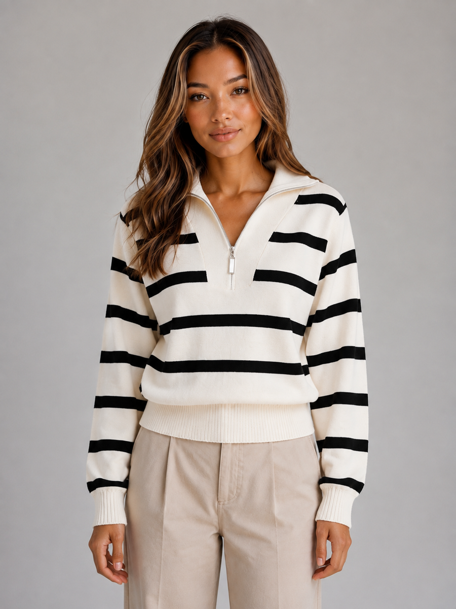 Women's Striped Half-Zip Sweater Relaxed Fit Knit Long Sleeve Casual Everyday