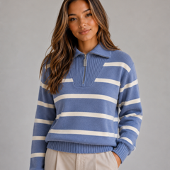 Women's Striped Half-Zip Sweater Relaxed Fit Knit Long Sleeve Casual Everyday