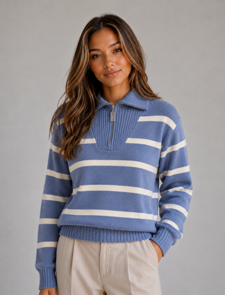 Women's Striped Half-Zip Sweater Relaxed Fit Knit Long Sleeve Casual Everyday
