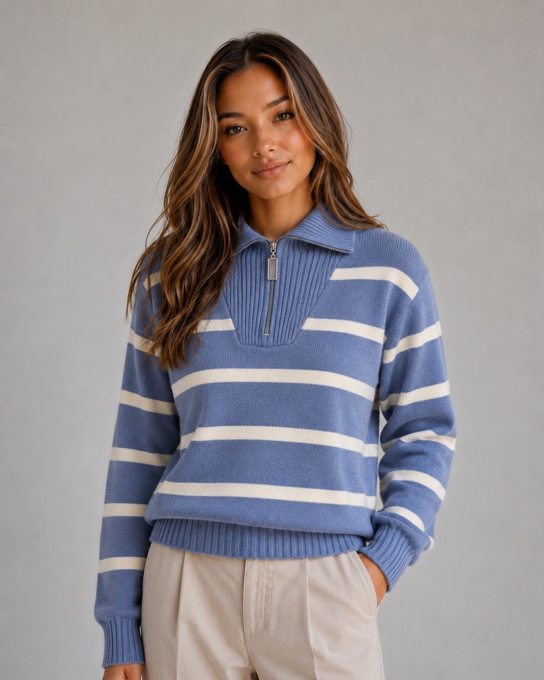 Women's Striped Half-Zip Sweater Relaxed Fit Knit Long Sleeve Casual Everyday