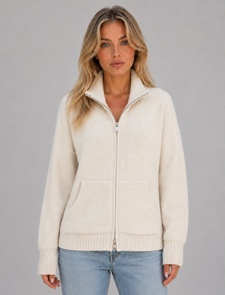 Women's Zip Up Knit Cardigan Funnel Neck Long Sleeve Casual Layering