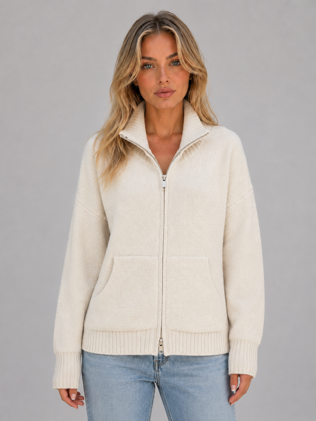Women's Zip Up Knit Cardigan Funnel Neck Long Sleeve Casual Layering