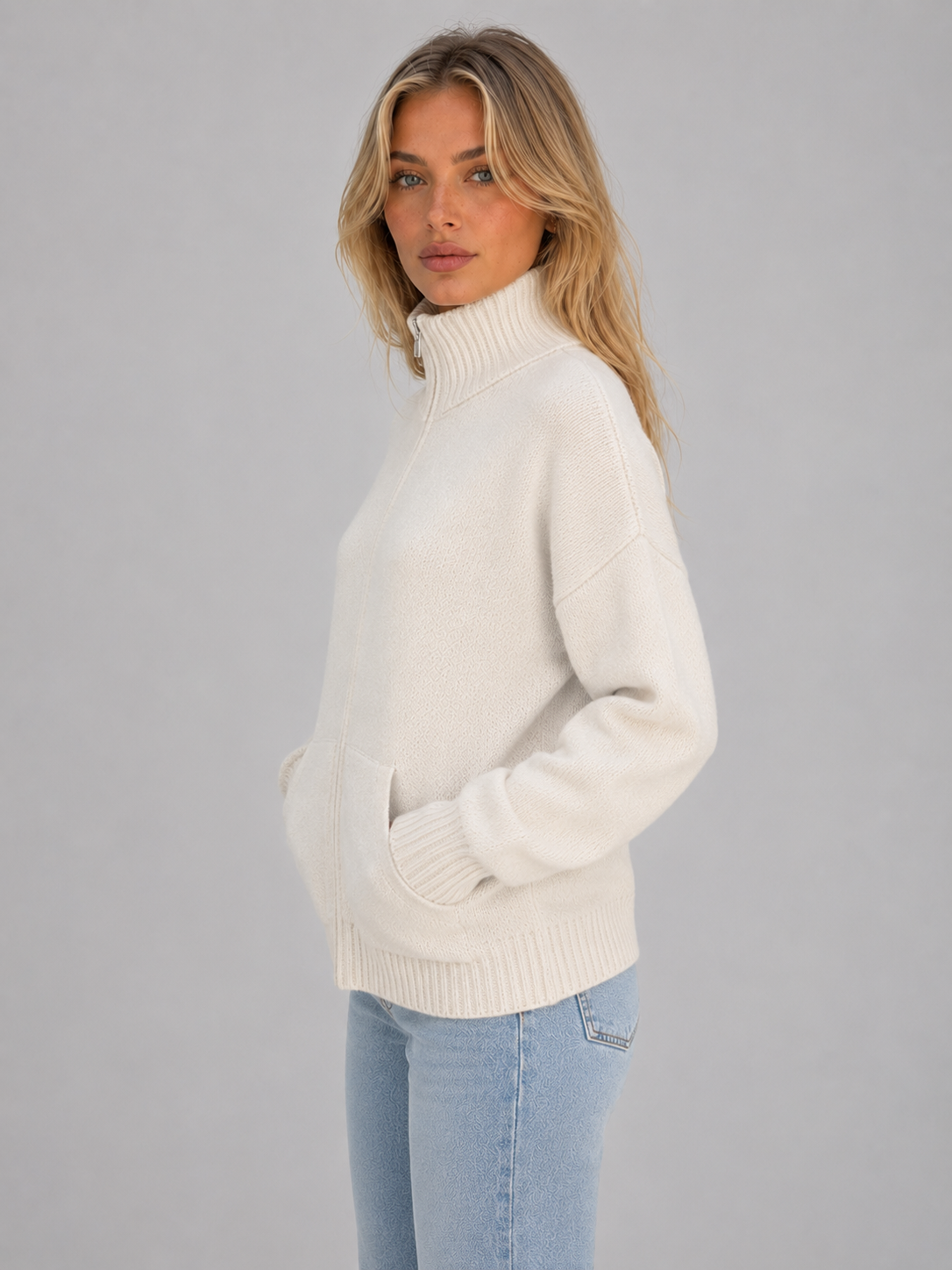 Women's Zip Up Knit Cardigan Funnel Neck Long Sleeve Casual Layering
