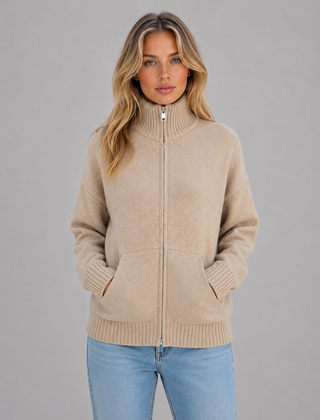 Women's Zip Up Knit Cardigan Funnel Neck Long Sleeve Casual Layering