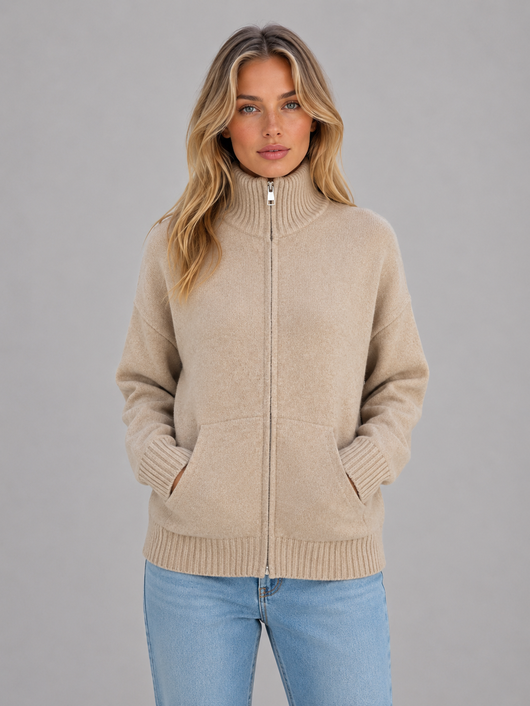 Women's Zip Up Knit Cardigan Funnel Neck Long Sleeve Casual Layering
