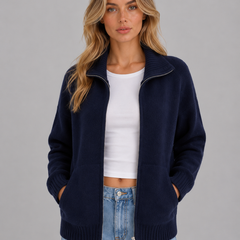 Women's Zip Up Knit Cardigan Funnel Neck Long Sleeve Casual Layering