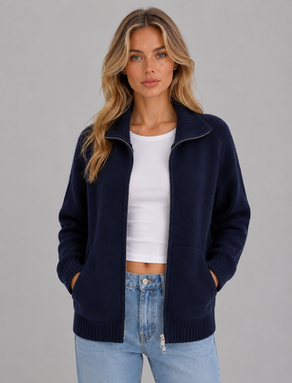 Women's Zip Up Knit Cardigan Funnel Neck Long Sleeve Casual Layering