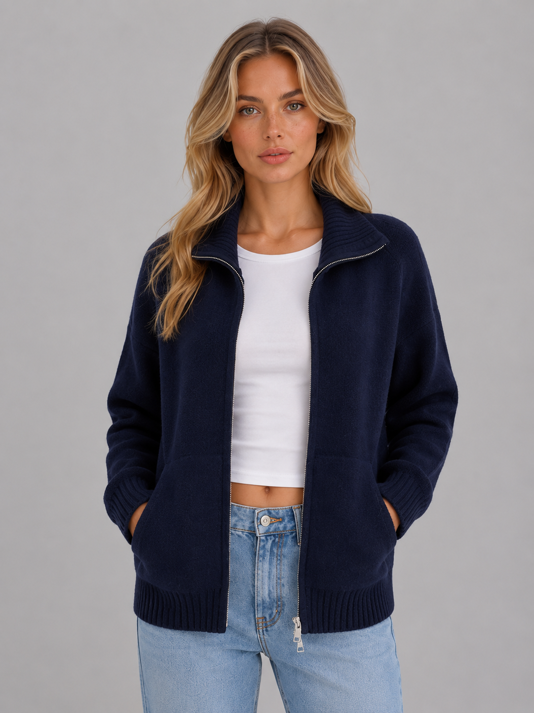 Women's Zip Up Knit Cardigan Funnel Neck Long Sleeve Casual Layering