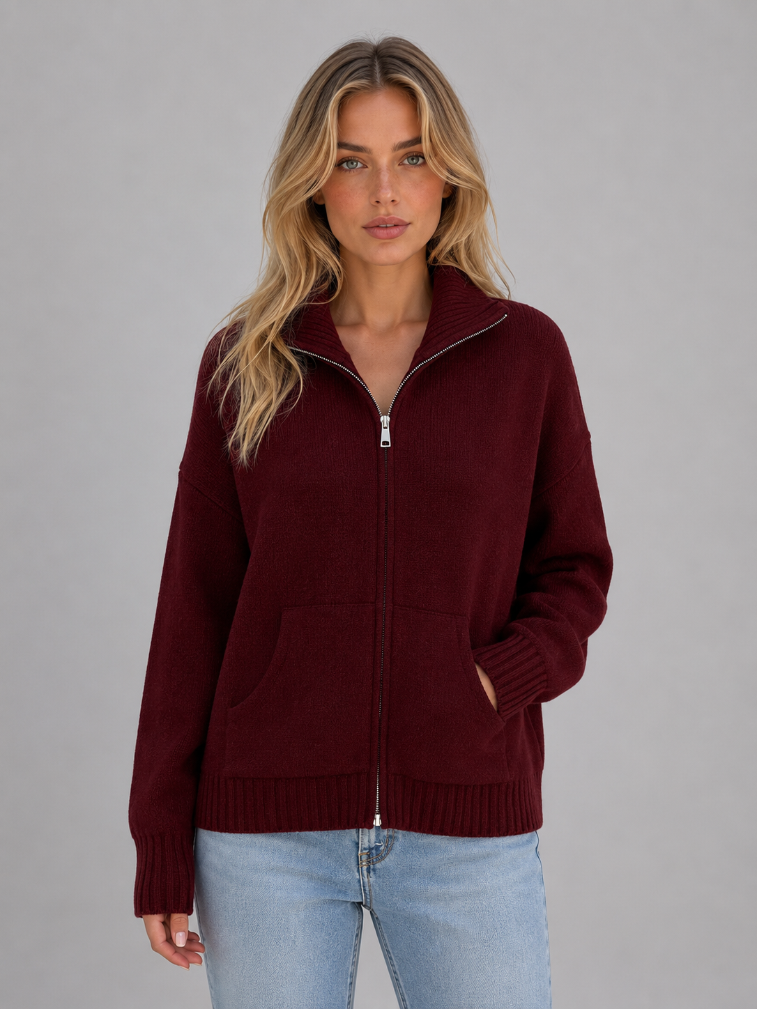 Women's Zip Up Knit Cardigan Funnel Neck Long Sleeve Casual Layering