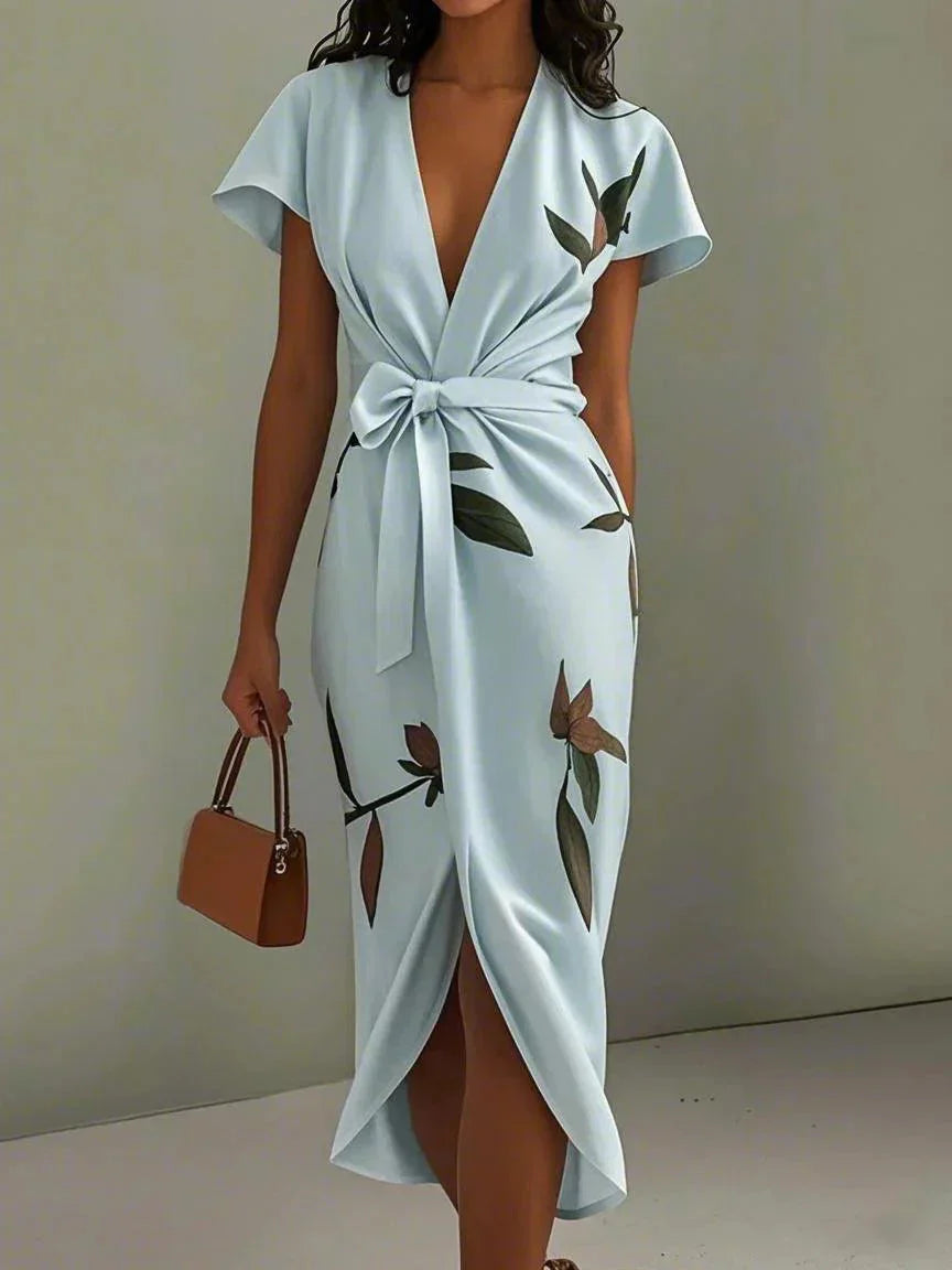 Women's Floral Print Bow Tie Wrap Midi Dress Outfit for Summer Holidays Weddings Parties and Everyday Wear