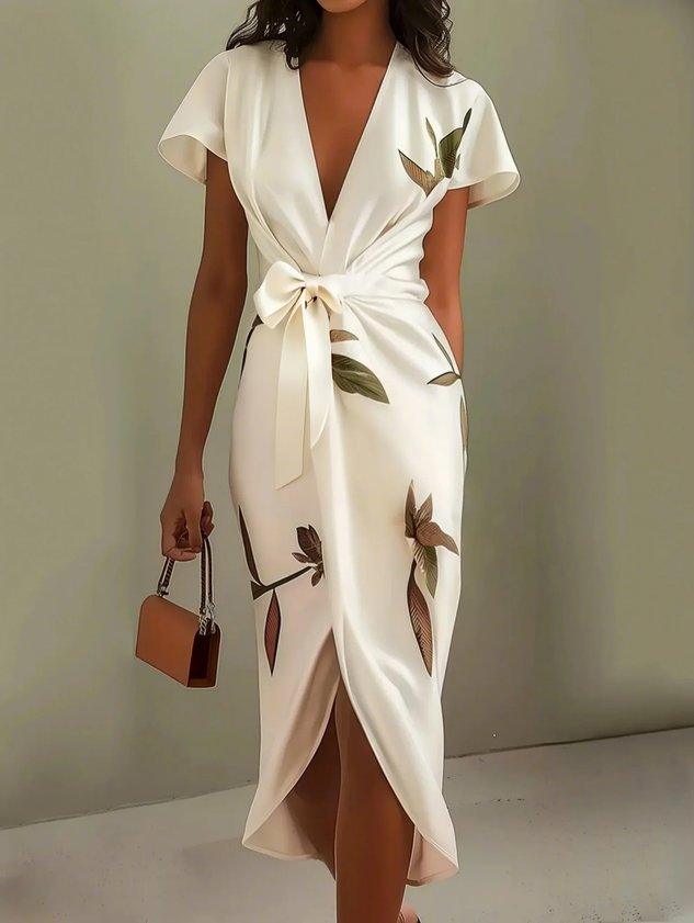 Women's Floral Print Bow Tie Wrap Midi Dress Outfit for Summer Holidays Weddings Parties and Everyday Wear