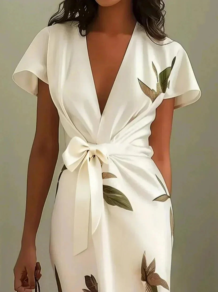 Women's Floral Print Bow Tie Wrap Midi Dress Outfit for Summer Holidays Weddings Parties and Everyday Wear