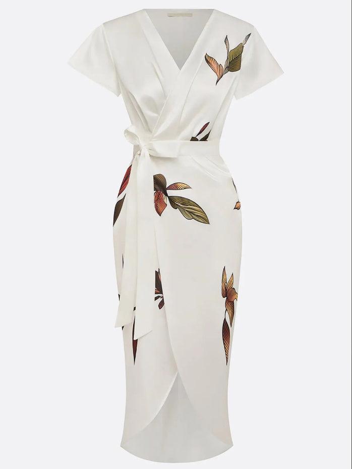 Women's Floral Print Bow Tie Wrap Midi Dress Outfit for Summer Holidays Weddings Parties and Everyday Wear