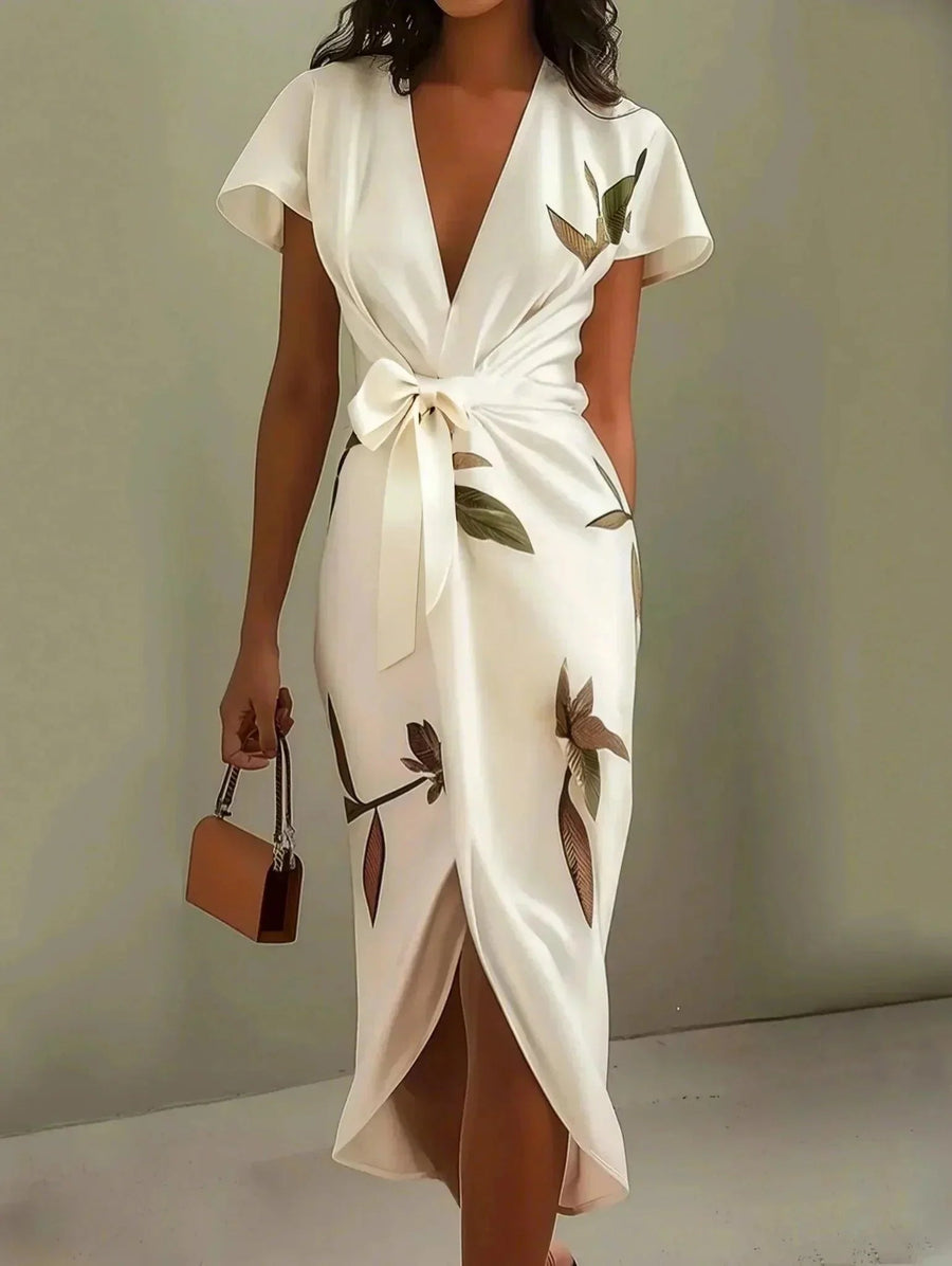 Women's Floral Print Bow Tie Wrap Midi Dress Outfit for Summer Holidays Weddings Parties and Everyday Wear