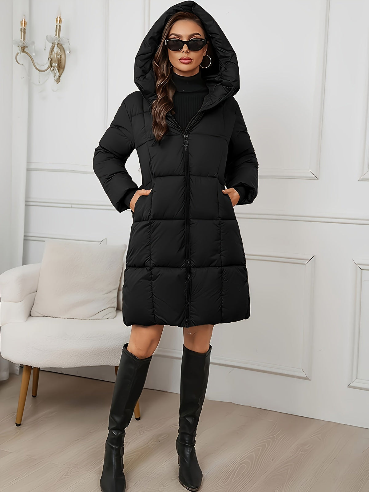 Women's Quilted Puffer Coat Hooded Long Sleeve Casual Winter Outerwear