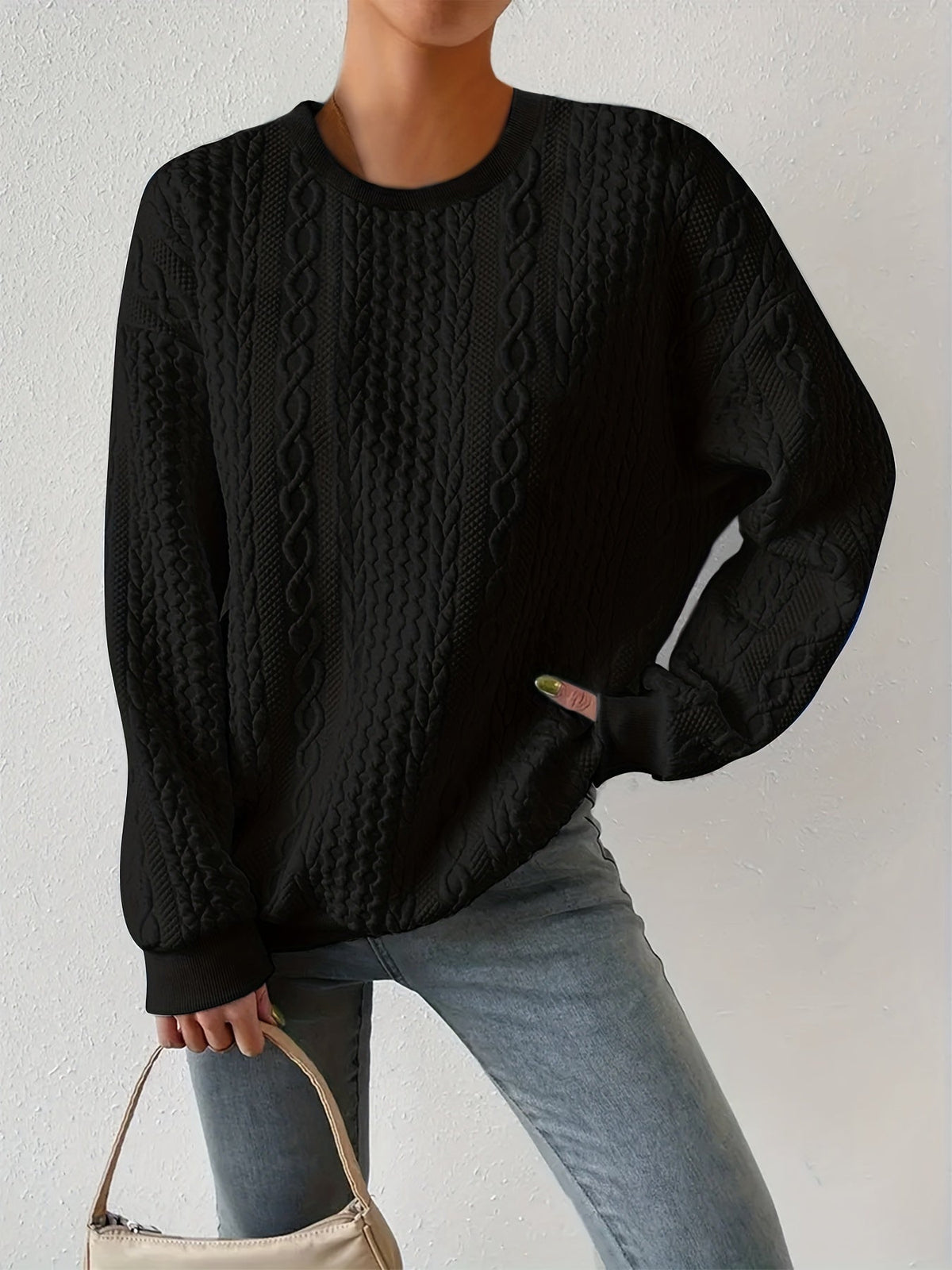 Women's Casual Cable Knit Sweatshirt Crewneck Relaxed Fit Everyday Wear