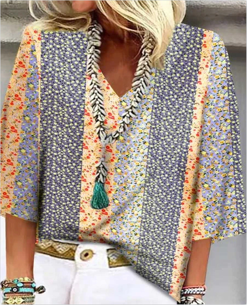 Women's Ditsy Floral Patchwork V-Neck Sleeve Top Outfit for Work Brunch Casual Days and Everyday Wear