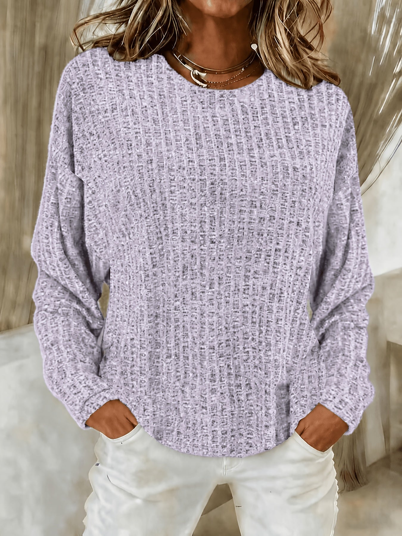 Women's Waffle Knit Tunic Sweater Curved Hem Long Sleeve Casual Everyday