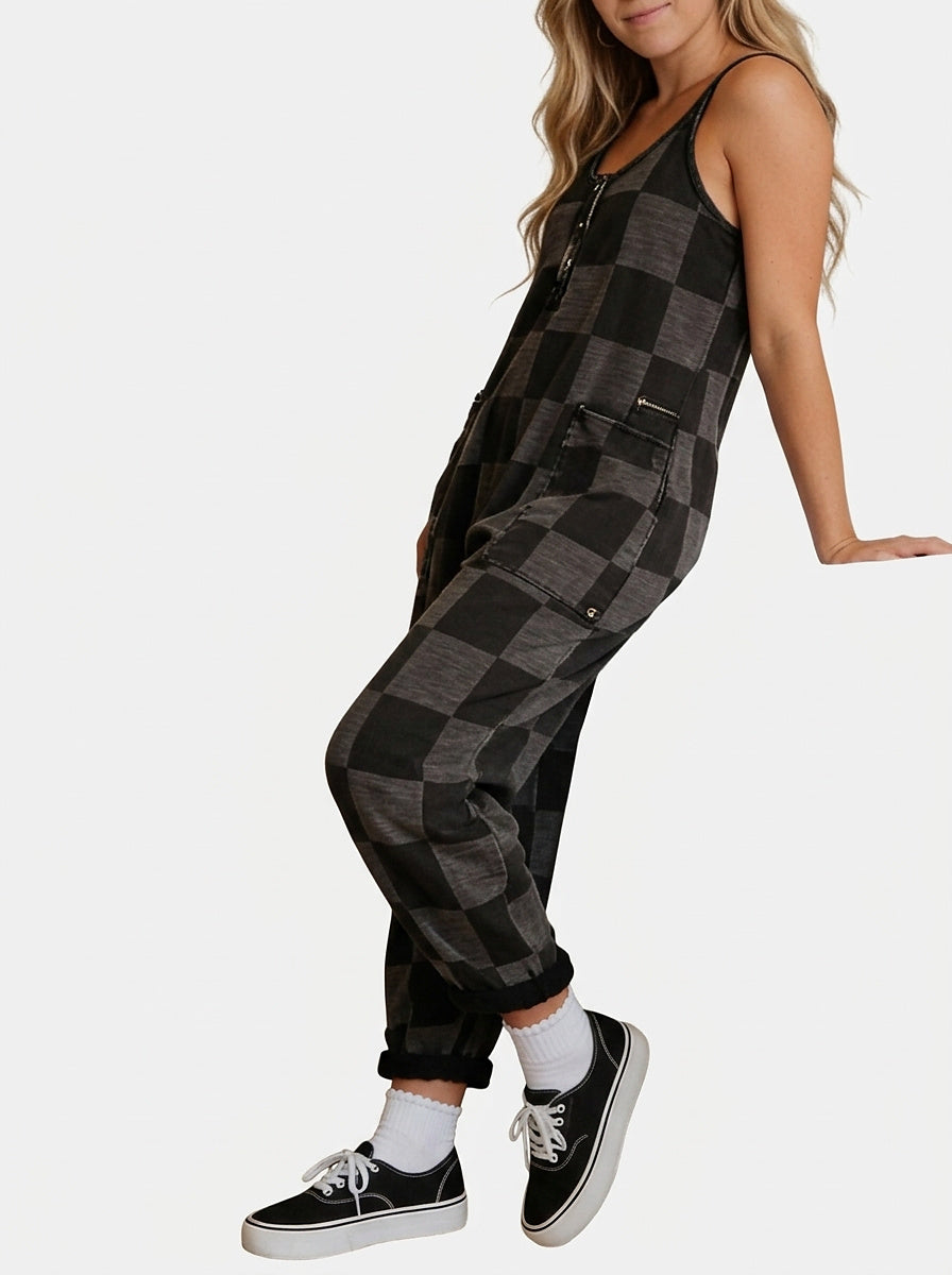 Women’s Plaid Jumpsuit with Button Front and Pockets