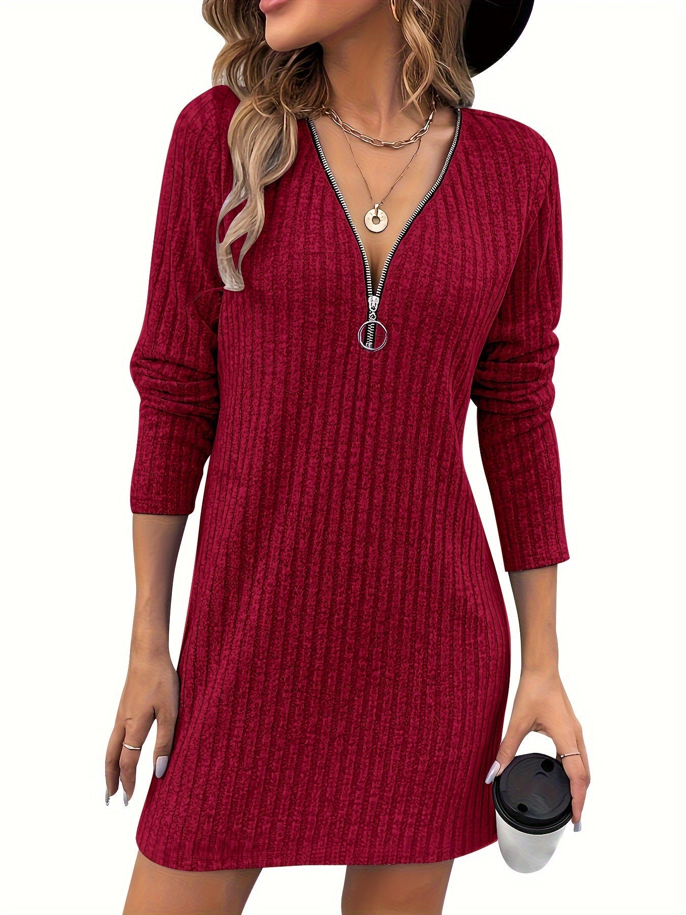 Women's Ribbed Zip-Neck Dress Long Sleeve Fitted Casual Midi