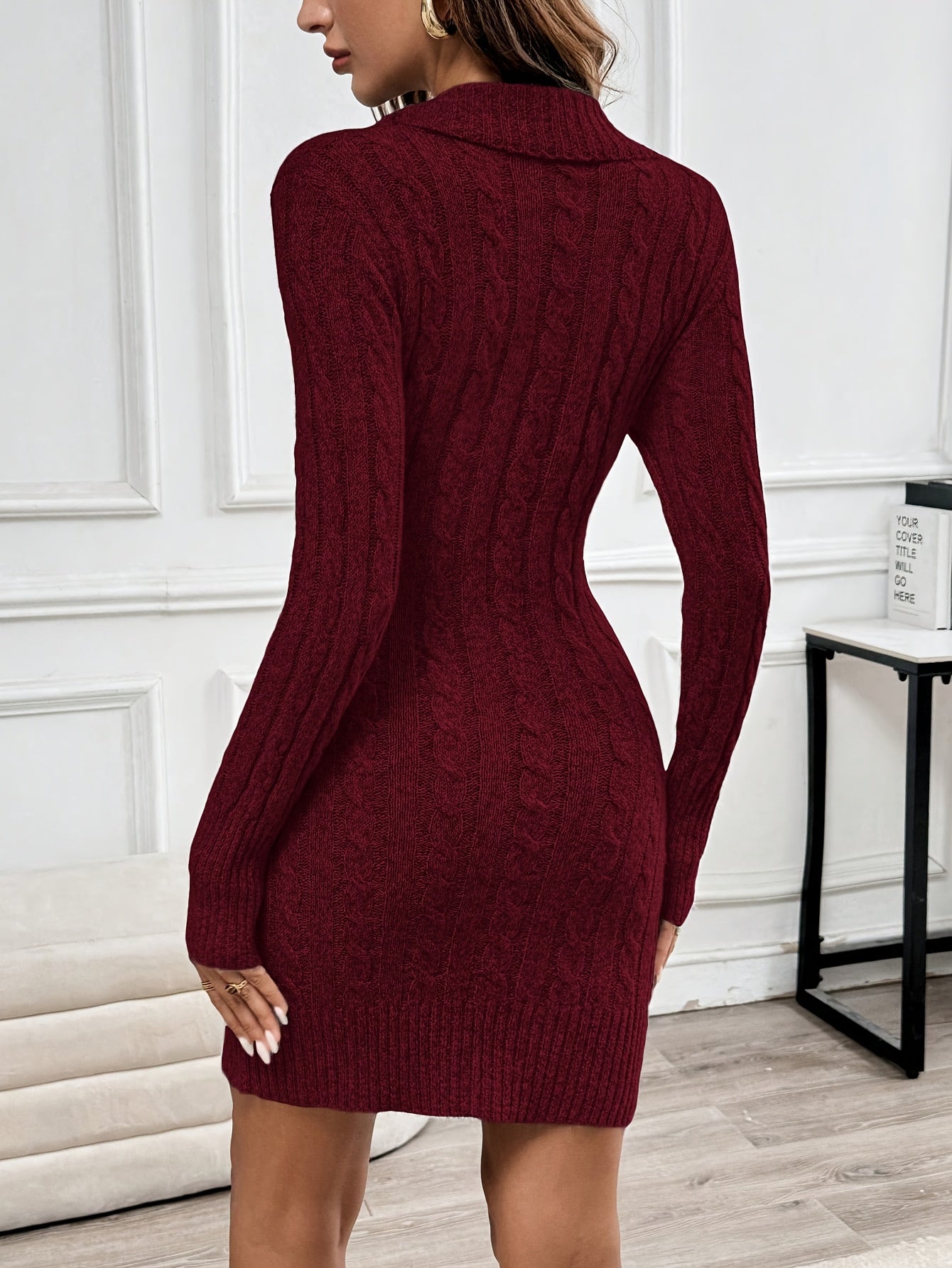 Women's Cable-Knit V-Neck Dress Long Sleeve Casual Cozy Midi