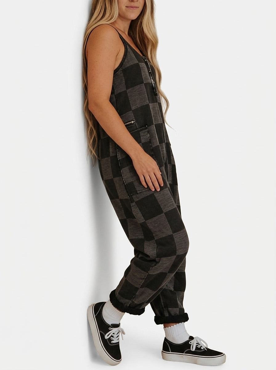 Women’s Plaid Jumpsuit with Button Front and Pockets