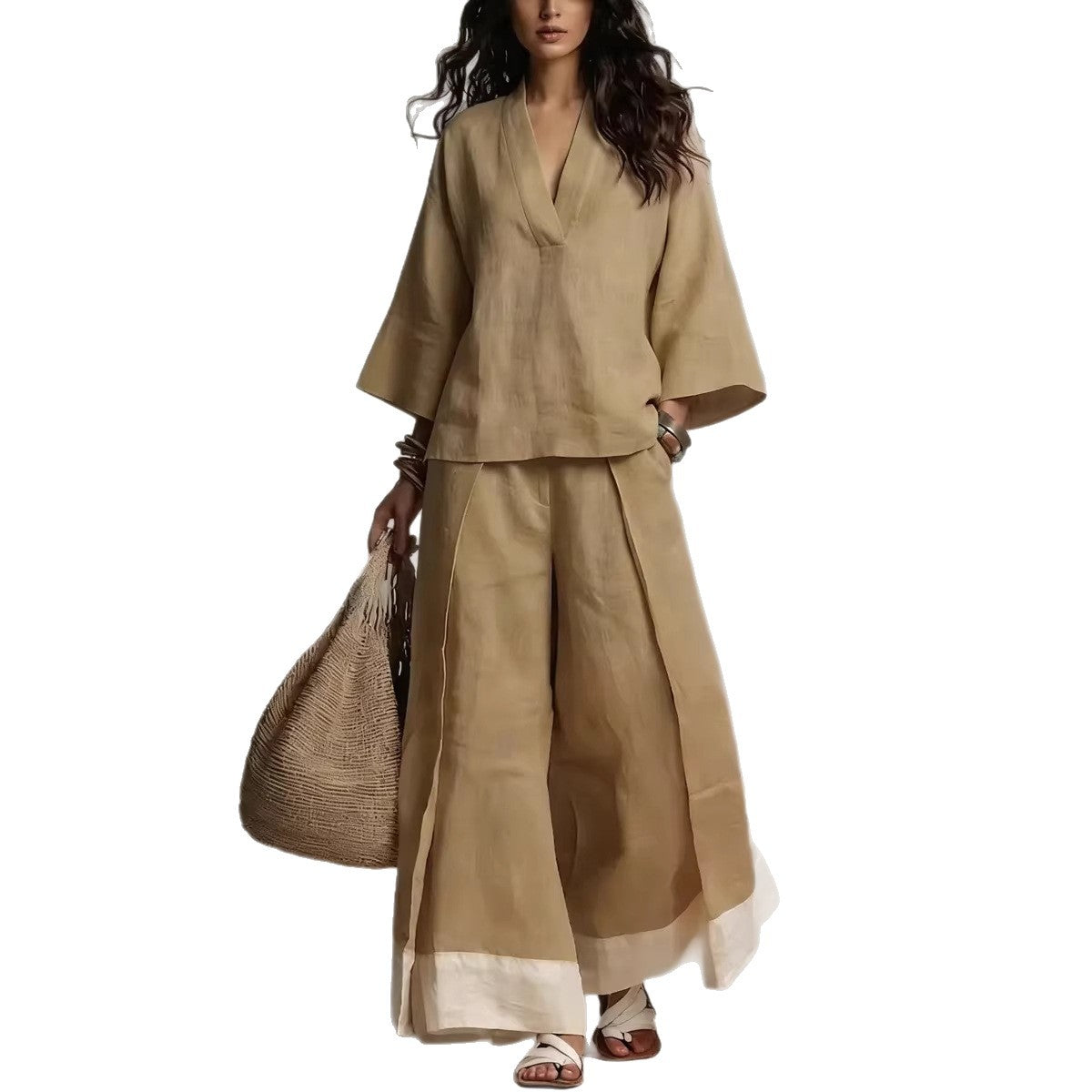 Women's Casual V-Neck Shirt Wide-Leg Pants Set Outfit for Work Brunch Casual Days and Everyday Wear