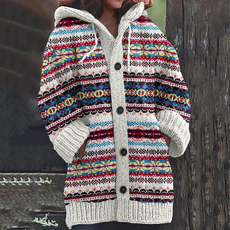Women's Cardigan Hooded Norwegian Pattern Relaxed Fit Cozy Layering