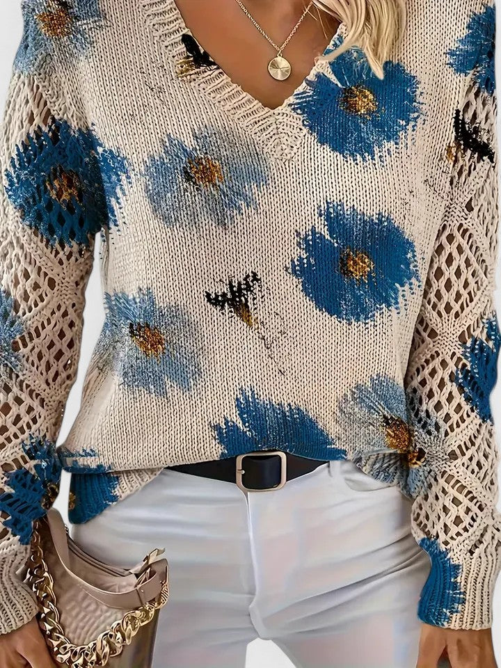 Women's Sweater Floral Pattern Crochet Sleeves Relaxed Fit Casual Everyday