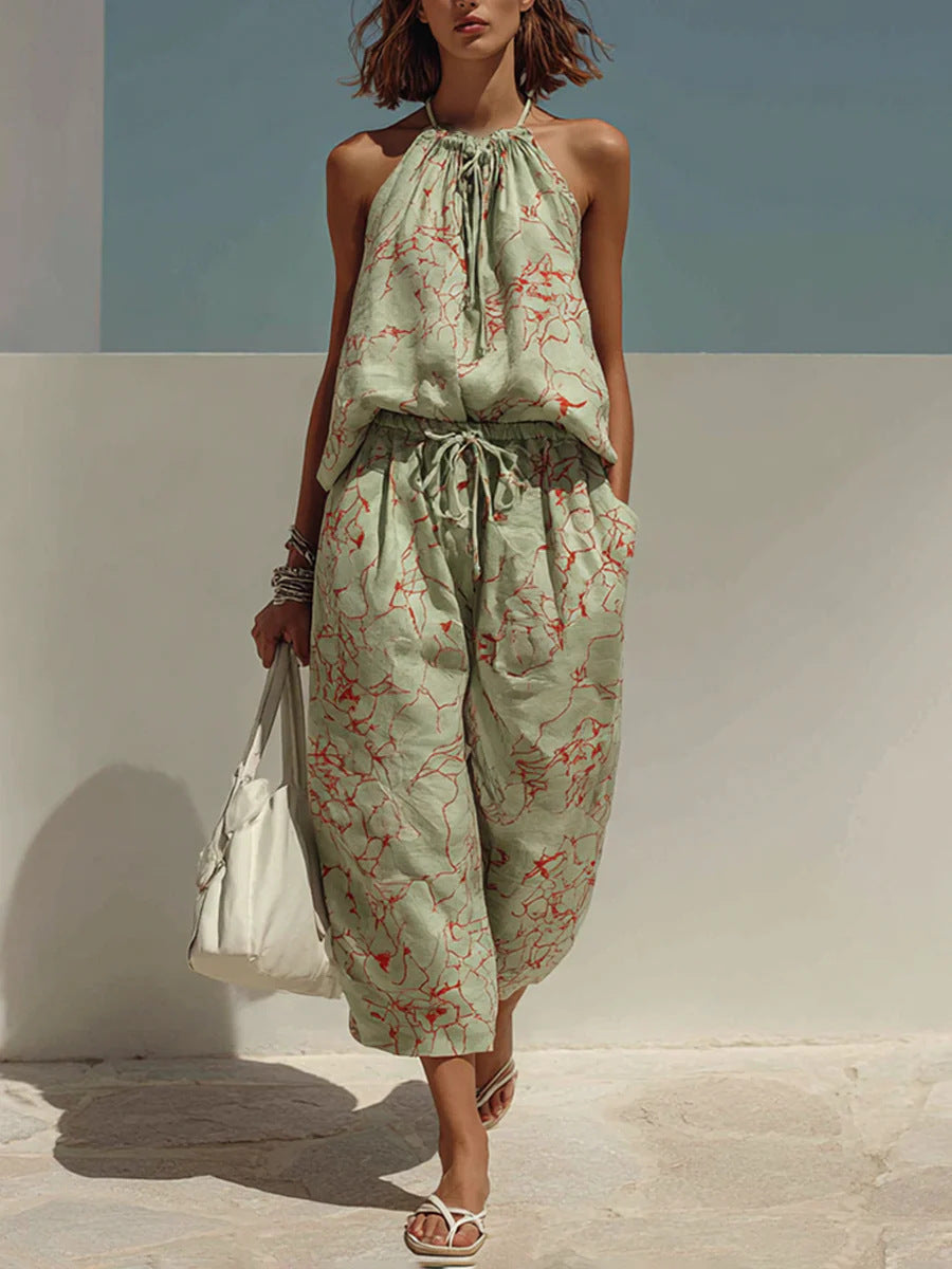 Women's Fashion Minimalist Digital-Print Backless Camisole Cropped Wide-Leg Pants Set Outfit for Work Casual Days Holidays and