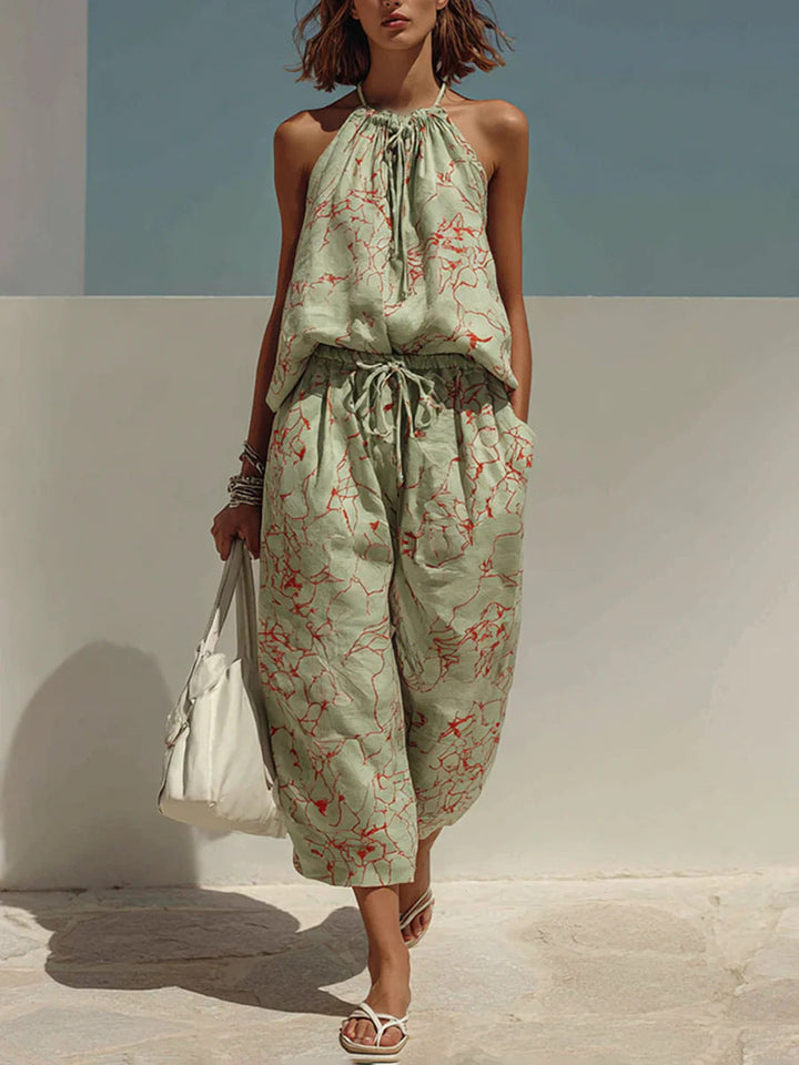 Women’s Fashion Minimalist Digital-Print Backless Camisole and Cropped Wide-Leg Pants Set | Chic