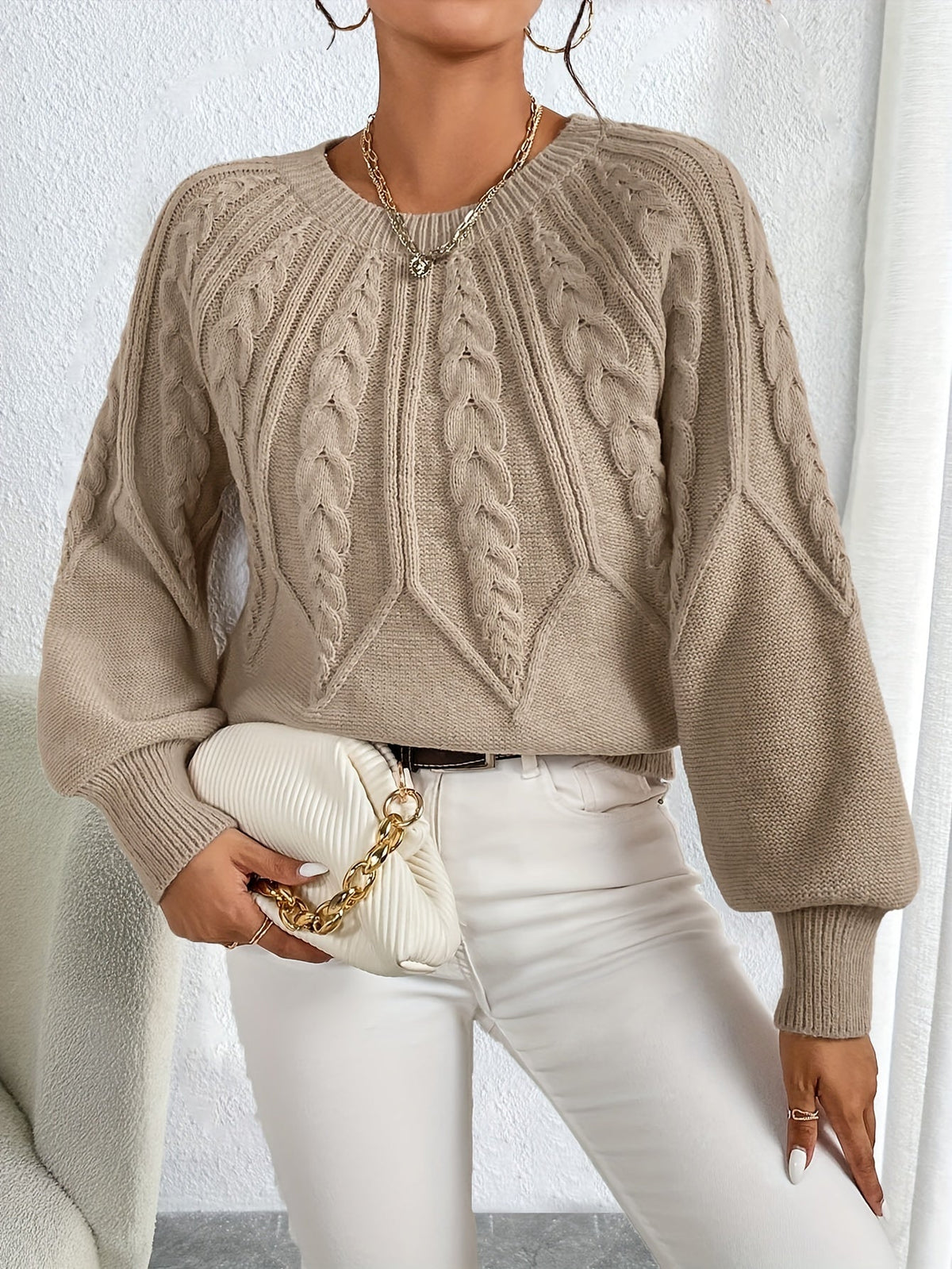 Women's Cable Knit Crewneck Sweater Relaxed Fit Long Sleeve Casual Everyday