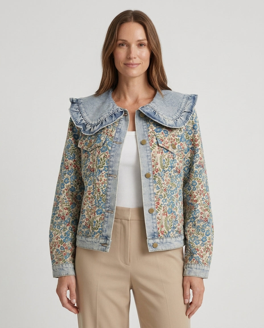 Women's Denim Jacket with Ruffled Peter Pan Collar