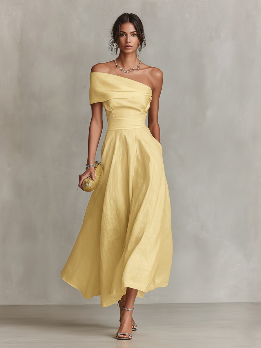 Women's Yellow Midi One-Shoulder Dress Outfit for Summer Holidays Weddings Parties and Everyday Wear