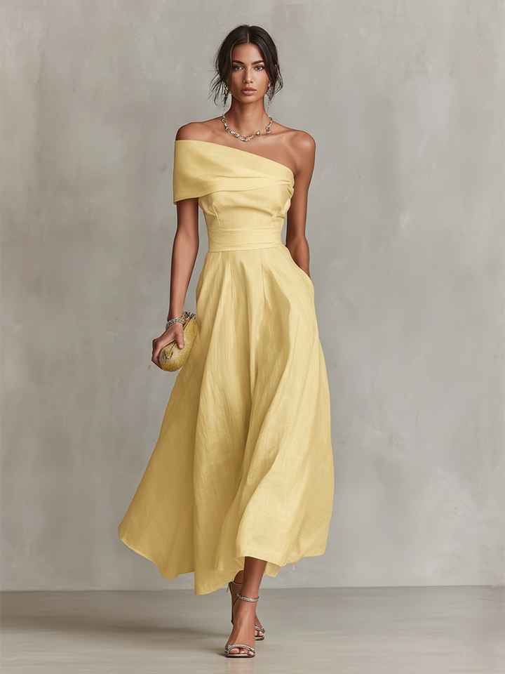 Women’s Elegant Yellow Dress | Midi One-Shoulder Style