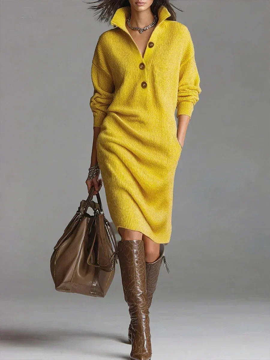 Women's Sweater Dress Ribbed Knit Button-Down Collar Midi Casual