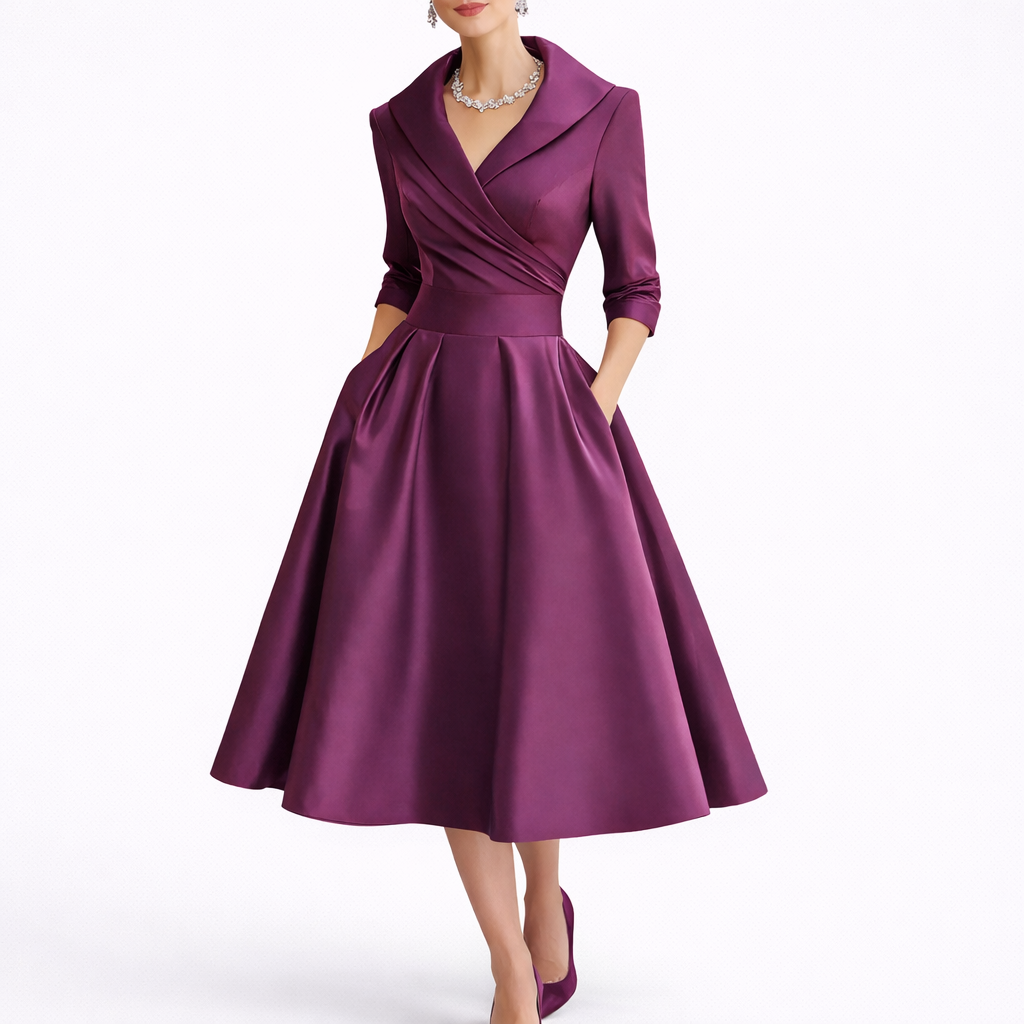 Women's Elegant Midi Dress Short Sleeve V-Neck A-Line Stylish Evening