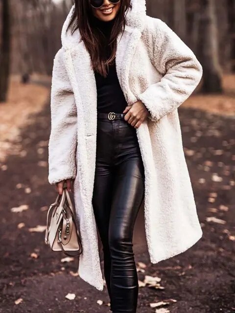 Women's Elegant Long Coat Hooded Faux Fur Styling Chic Layering