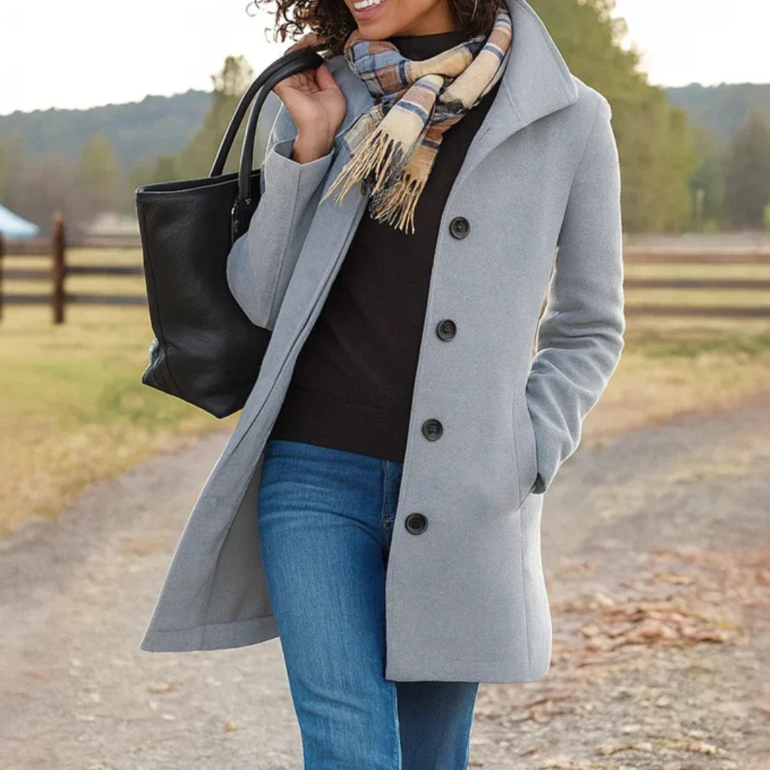Women's Elegant Long Coat Tailored Fit Double-Breasted Classic Styling