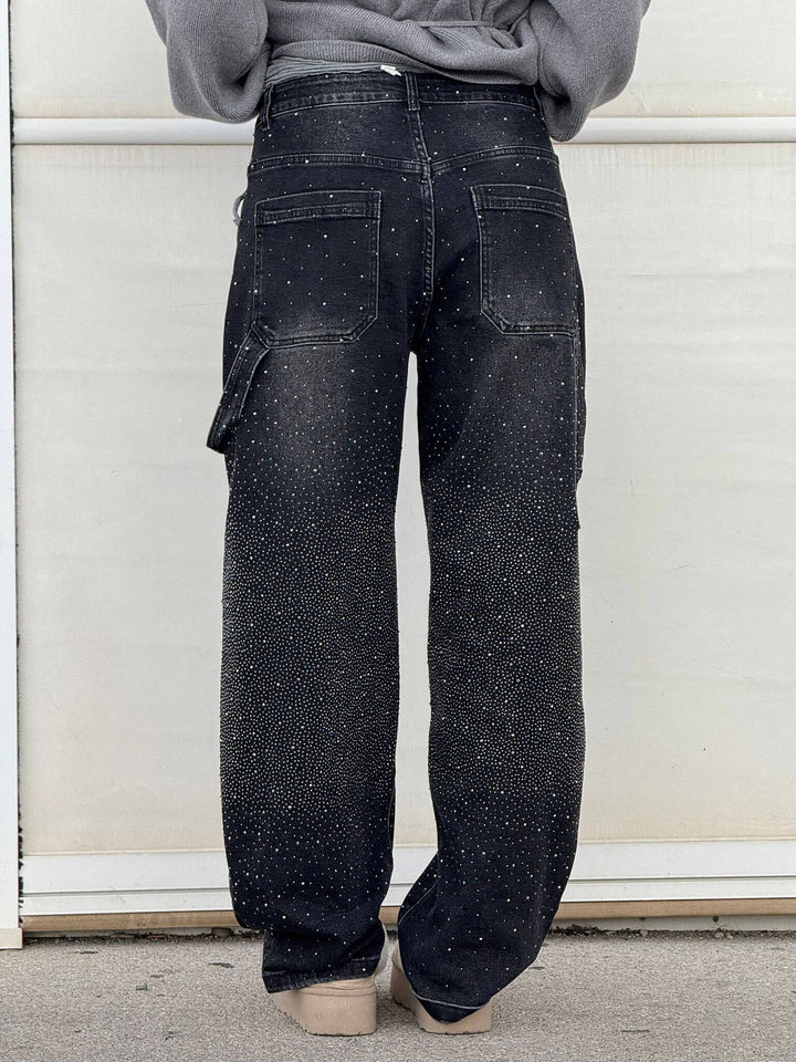 Women’s High-Waisted Straight Leg Jeans | Vintage Denim Style with Crystal Accents